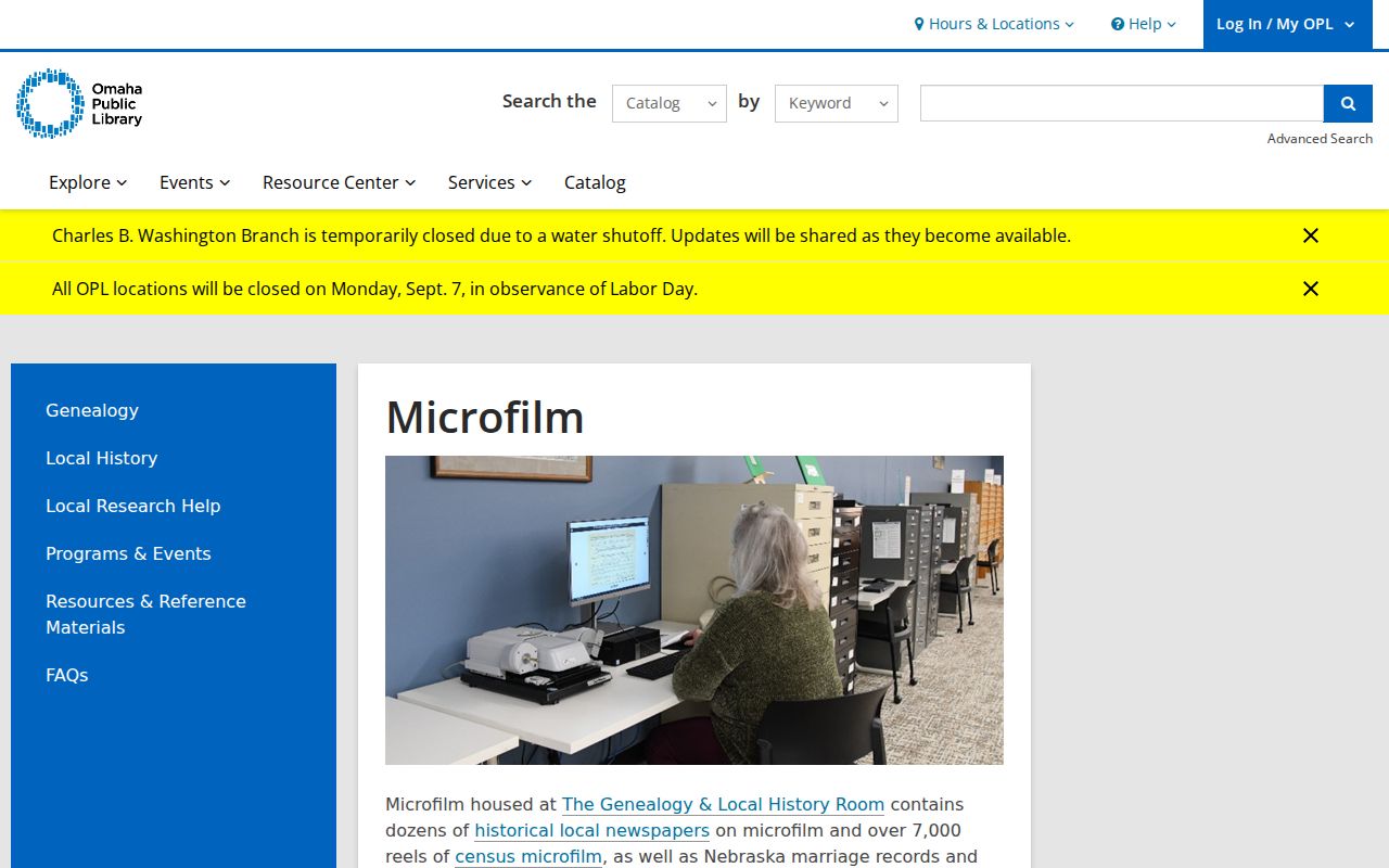 Douglas County city directory research in the Omaha Public Library microfilm room