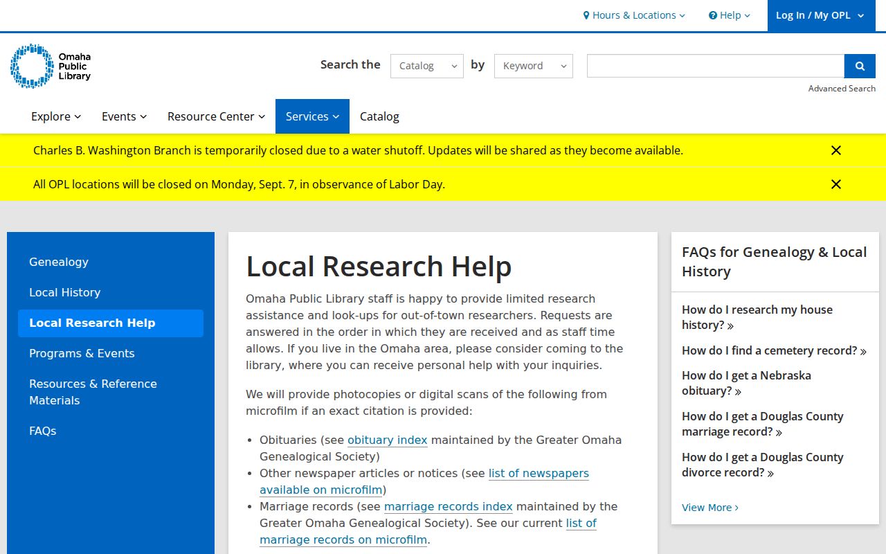 Douglas County neighbors Omaha Public Library research help