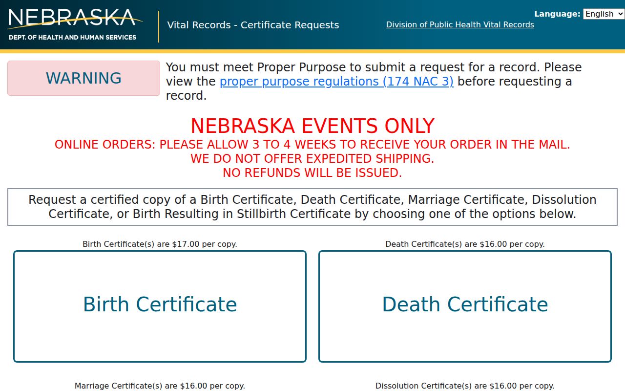 Douglas County resident lookup Nebraska Vital Records online order service
